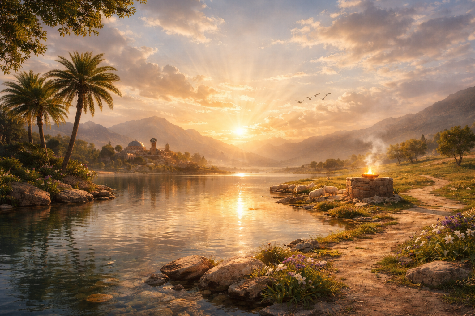 Serene flock beside a river at sunrise